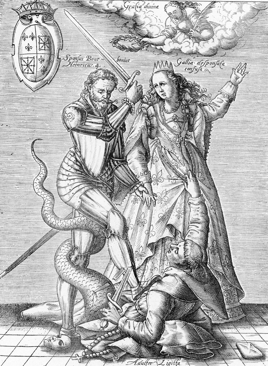 Allegoria della morte della Lega Cattolica rappresentata come un monaco con corpo di serpente ucciso dal re di Francia Enrico IV e dalla Francia. Fine del XIX secolo (incisione da 