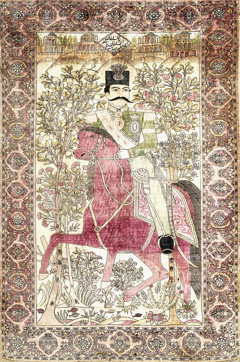 Un antico tappeto di seta Kashan "mochtasham", raffigurante la figura a cavallo di Naser al-Din Shah da Unbekannt