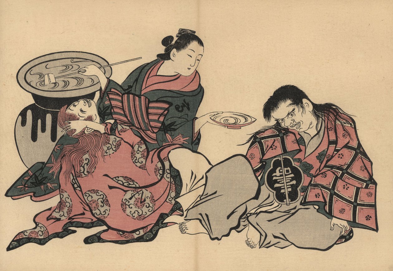 Una cortigiana oiran che gioca con due shojo con sake da un enorme vaso. Stampa xilografica di Masanobu Okumura (1686-1764) da Fuzoku Emakimono, Picture Scroll of the Water Trade, Tokyo, ristampa circa 1880. da Unbekannter Künstler