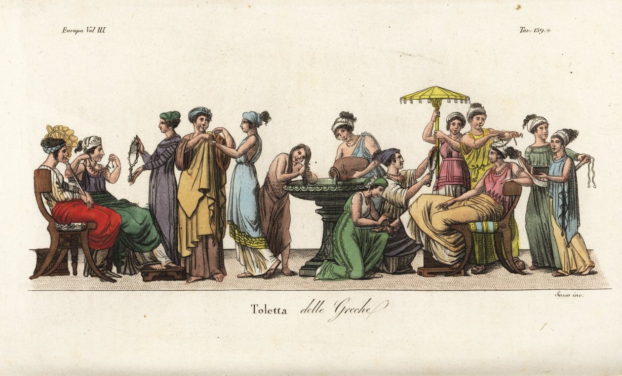 Donne greche antiche alla toilette: lavarsi i capelli in una fontana, provare vestiti, sistemare i capelli, ammirare una collana, ecc. Incisione a colori su rame di Sasso dopo un dipinto di Pelagio Palagi dal libro di Giulio Ferrario 