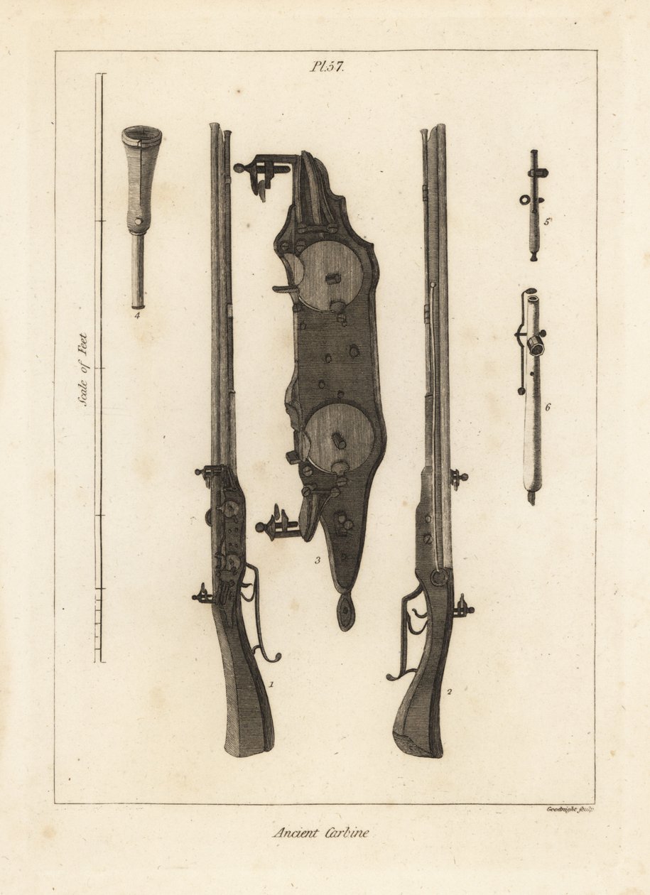 Antico carabina con due cariche nello stesso cannone sparate da due pietre focaie, pietre focaie, bacchetta e chiavi da Unbekannt