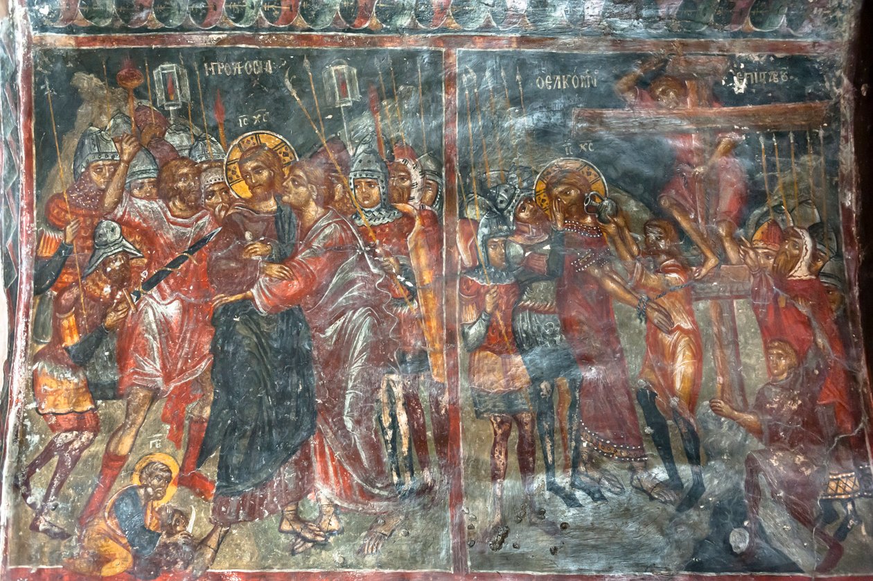Antichi affreschi; pitture murali; bacio di Giuda; Crocifissione di Gesù; Chiesa Panagia e Sotiras; chiesa greco-ortodossa; Roustika; Creta; Grecia da Unbekannt