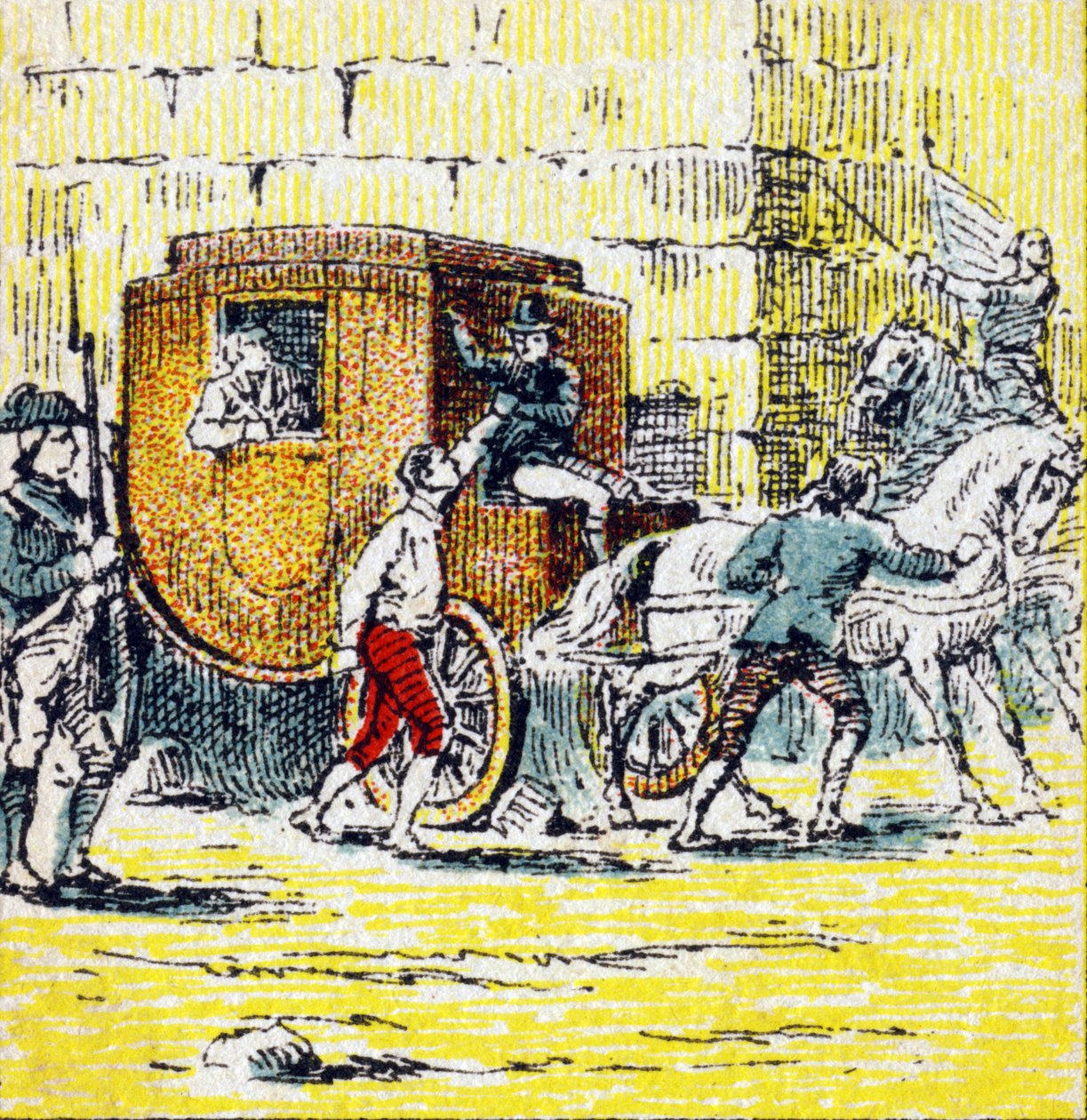 Arresto di Luigi XVI e della sua famiglia in fuga a Varennes il 21 giugno 1791. Incisione in "Histoire de France". Serie di immagini pubblicitarie pubblicate per conto di Louit, 24 rue d