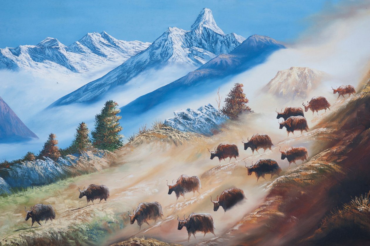 Arte; dipinto di un branco di yak sotto il monte Ama Dablam; vita di campagna; galleria a Kathmandu; Nepal; Asia da Unbekannt