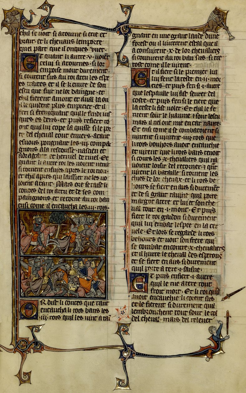 Leggenda arturiana (ricerca del Santo Graal): Benoic insegue i Sassoni e la battaglia di Danablaise, due miniature estratte dal manoscritto Storia di Merlino, datato tra il 1280-1290 da Unbekannter Künstler