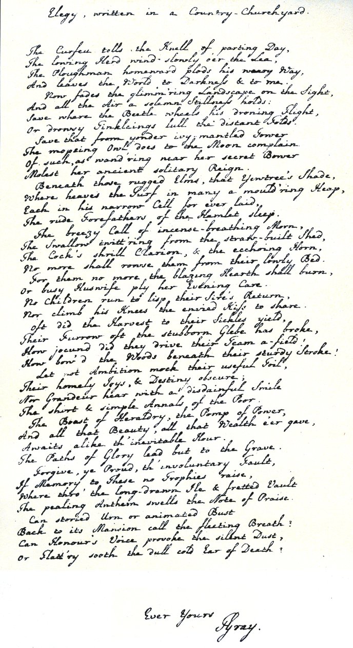 Copia autografa nella calligrafia del poeta Thomas Gray della sua poesia 