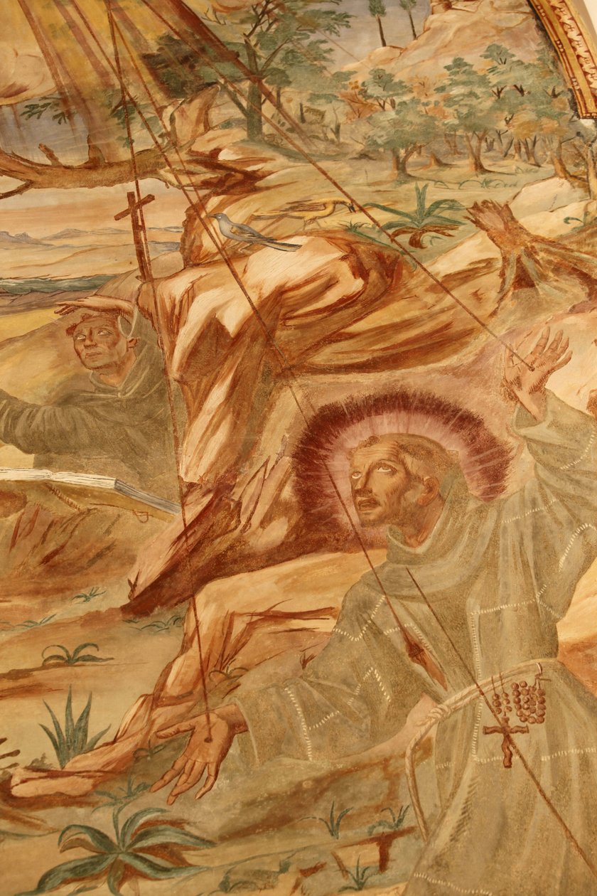 Basilica di Santa Caterina, Galatina, Apulia. Affresco nel chiostro: San Francesco che riceve le stimmate. Dipinto da Fratello Giuseppe di Gravina nel 1696, Galatina, Italia da Unbekannt