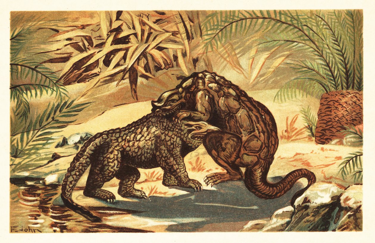 Battaglia tra un Megalosaurus bucklandii e un Iguanodon bernissartensis. 1908 (litografia) da Unbekannter Künstler