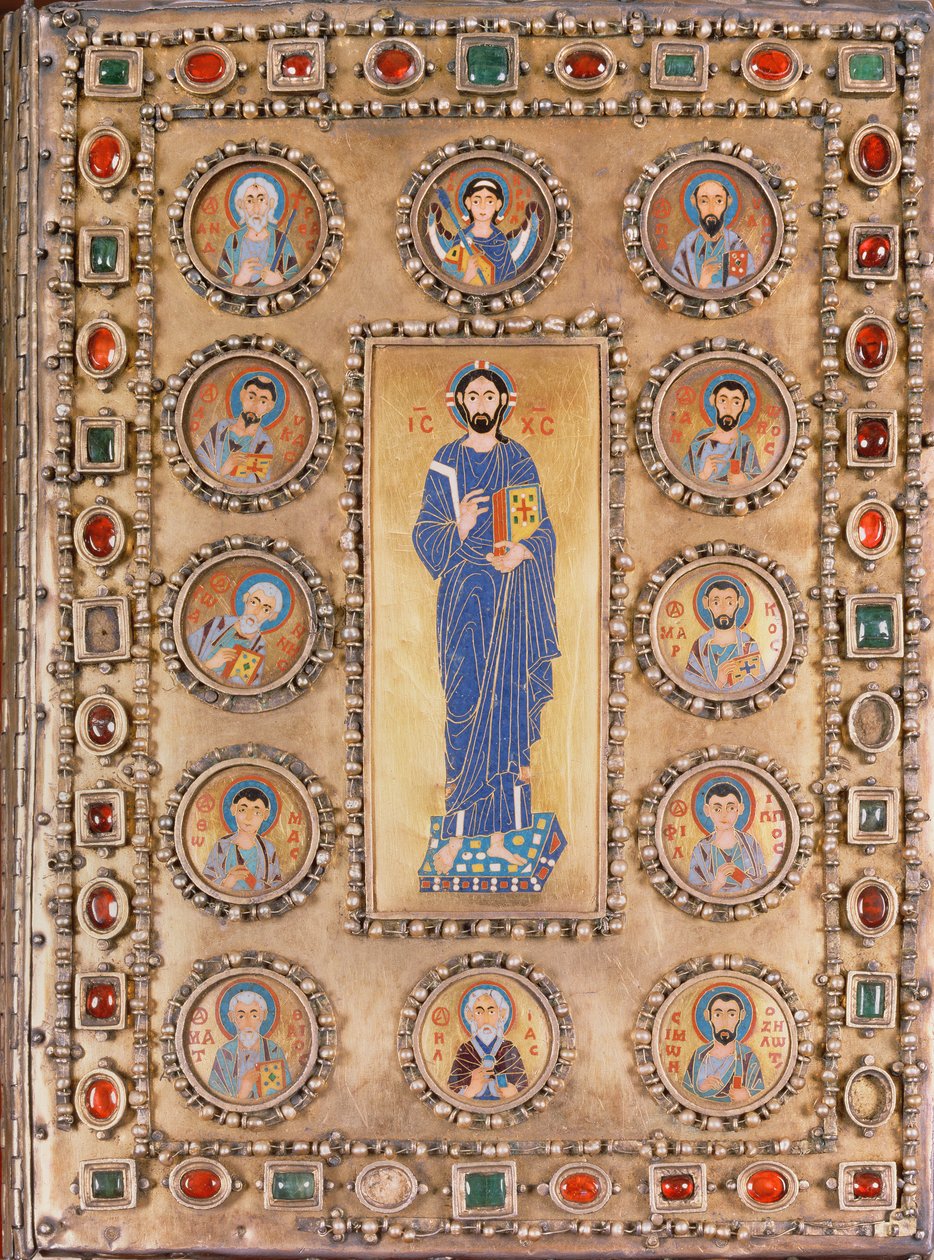 Copertina del libro raffigurante Cristo che benedice, con tondi raffiguranti santi da Unbekannt