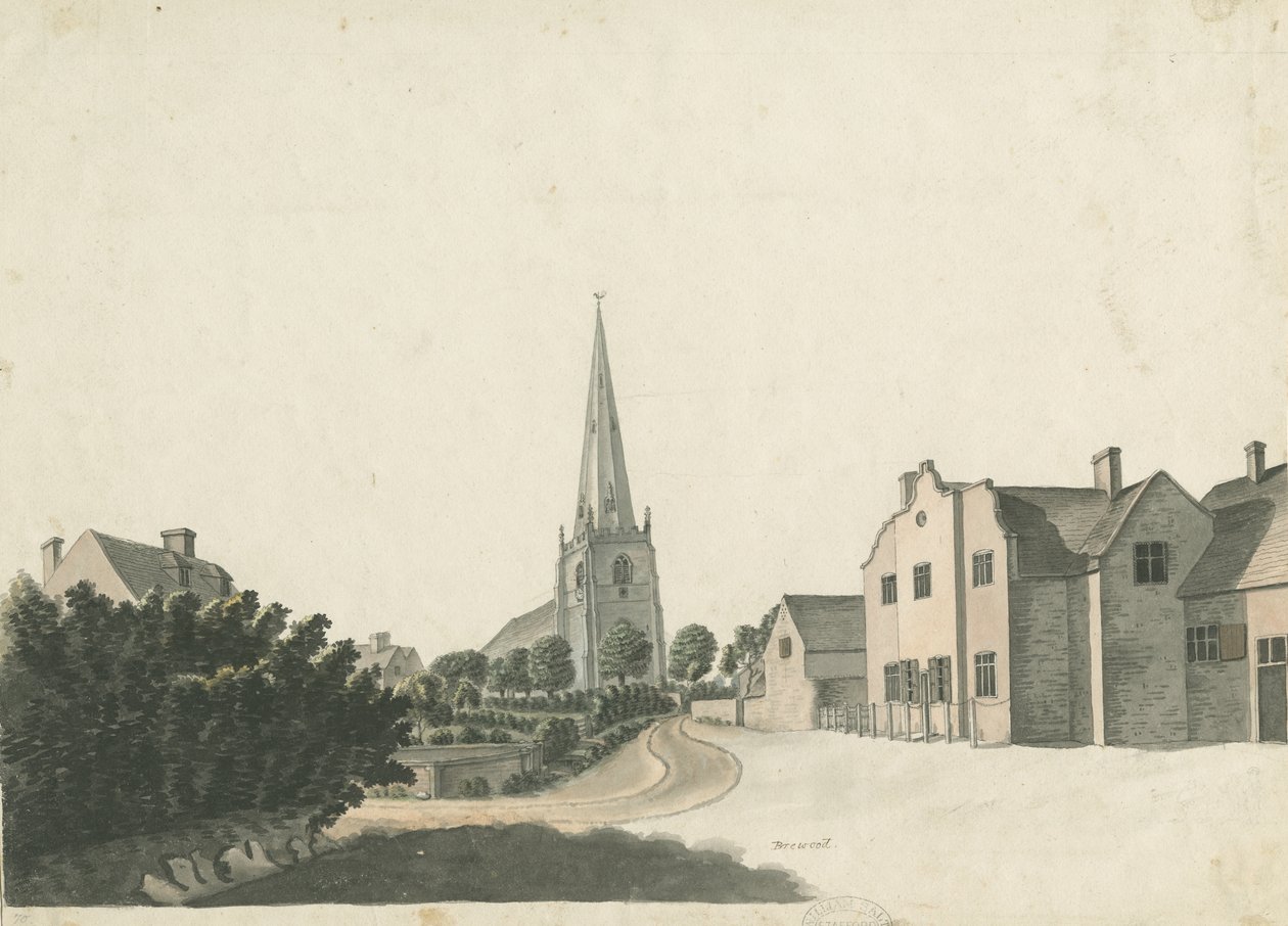 Scuola di grammatica di Brewood: disegno a penna colorato, nd [?19th cent] da Unbekannt
