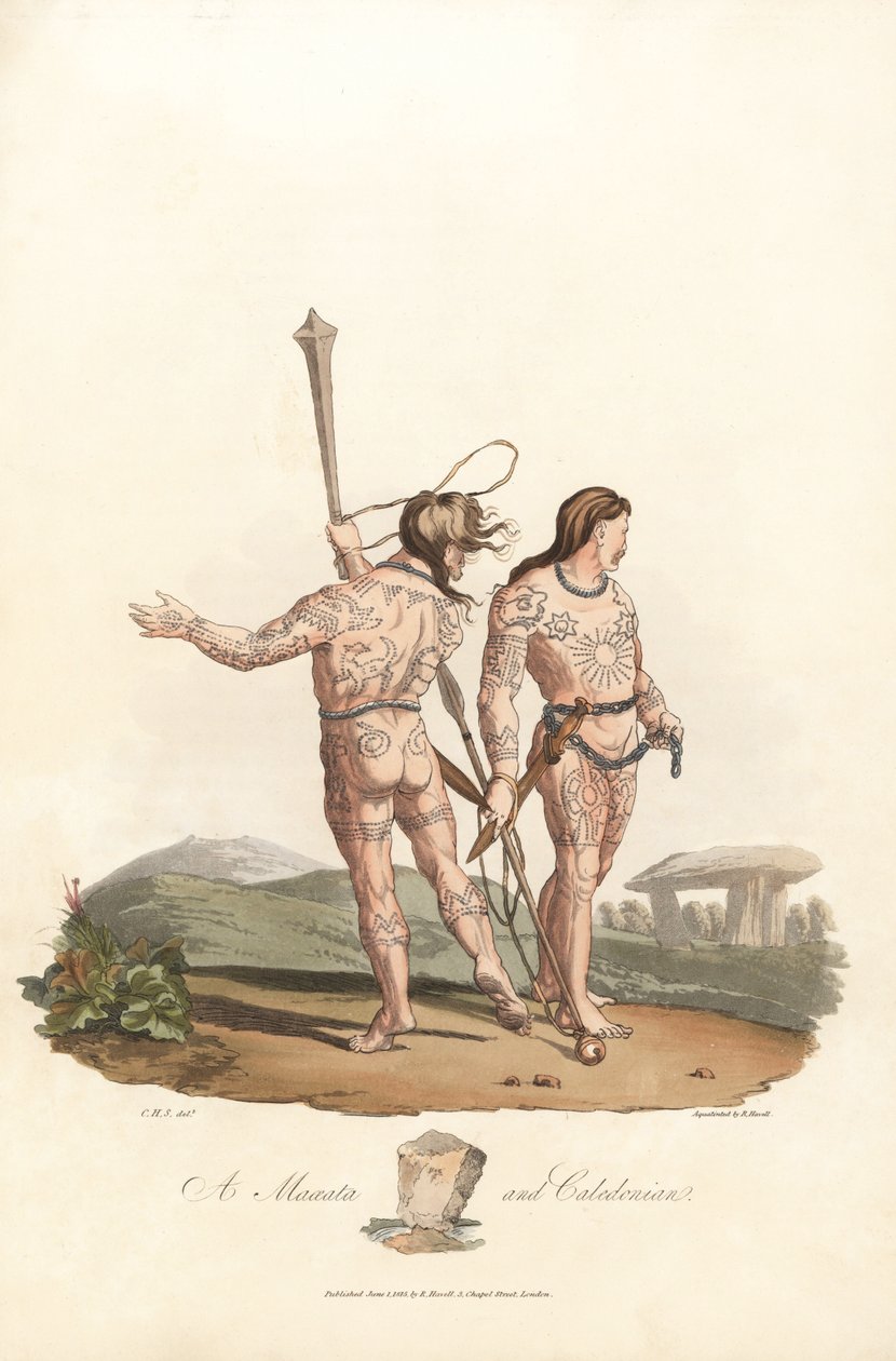 Antichità britannica (periodo pre-romano, prima del I secolo): Catini e abitanti caledoniani (Scozia) delle pianure e delle foreste settentrionali della Gran Bretagna, con tatuaggi - Incisione di Robert Havell (1793-1878) da un