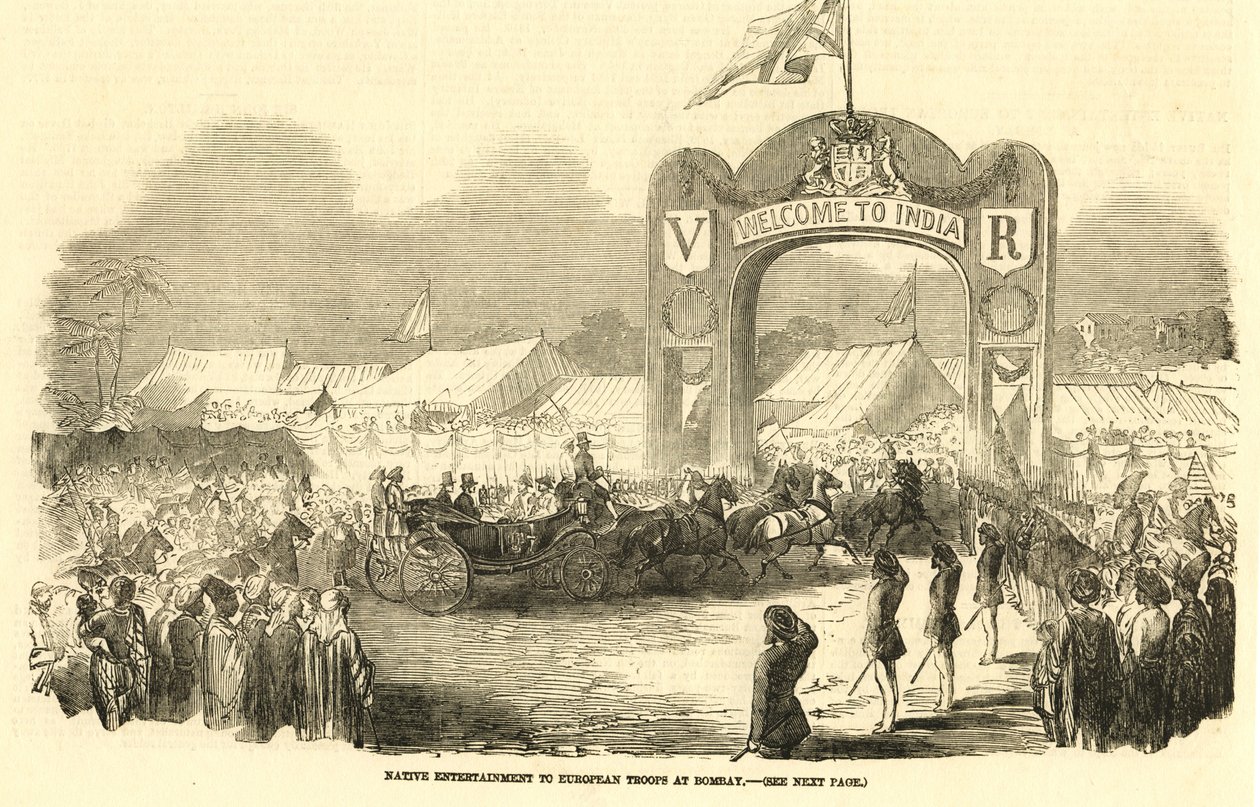Britannici che guidano una carrozza a cavalli a Bombay, c1800 (illustrazione) da Unbekannter Künstler