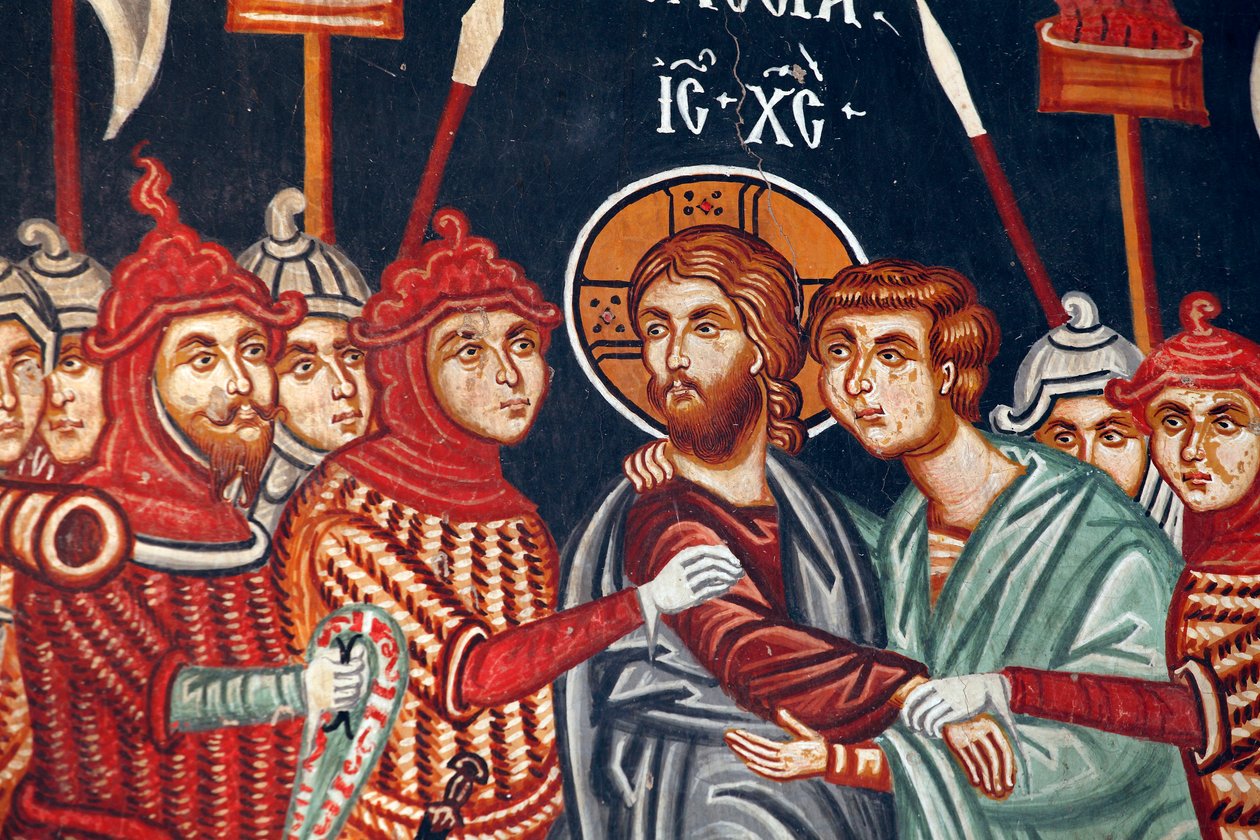 Affresco bizantino del XV secolo Giuda tradisce e l