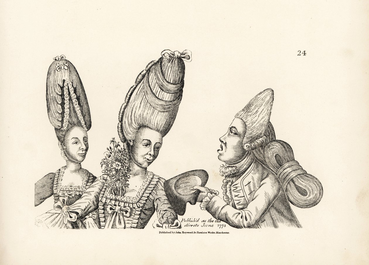 Caricatura delle mode della fine del XVIII secolo: donne con parrucche alte con giardino di fiori nel seno, e maccheroni con parrucca alta con massa di capelli stravagante legata dietro. Incisione su rame dopo un