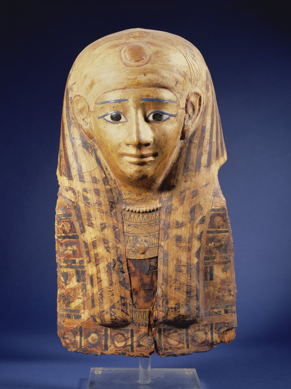 Cartonnage copricapo di mummia con parrucca a lappetta, occhi intarsiati con ossidiana e alabastro, Egiziano, Periodo Tardo da Unbekannt