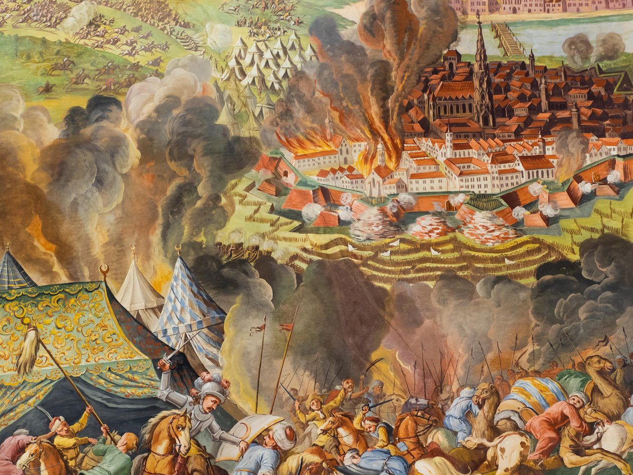 Affresco sul soffitto nella navata laterale della Chiesa di Santa Caterina, Disarmo di Vienna nel 1683, Mausoleo degli Asburgo, Graz, Stiria, Austria, Europa da Unbekannter Künstler
