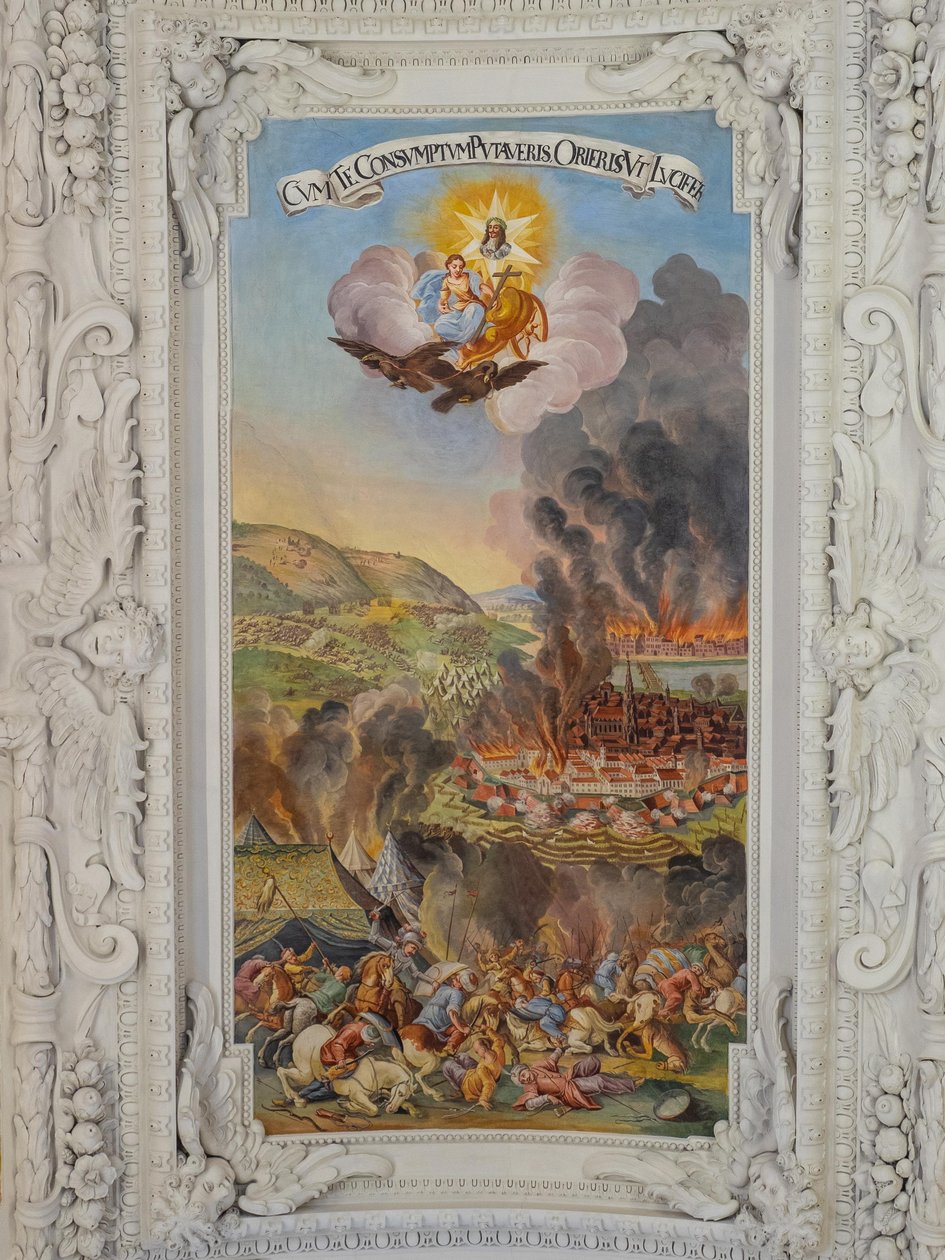 Affresco sul soffitto nella navata laterale della Chiesa di Santa Caterina, Decommissioning di Vienna nel 1683, Mausoleo degli Asburgo, Graz, Stiria, Austria, Europa da Unbekannter Künstler