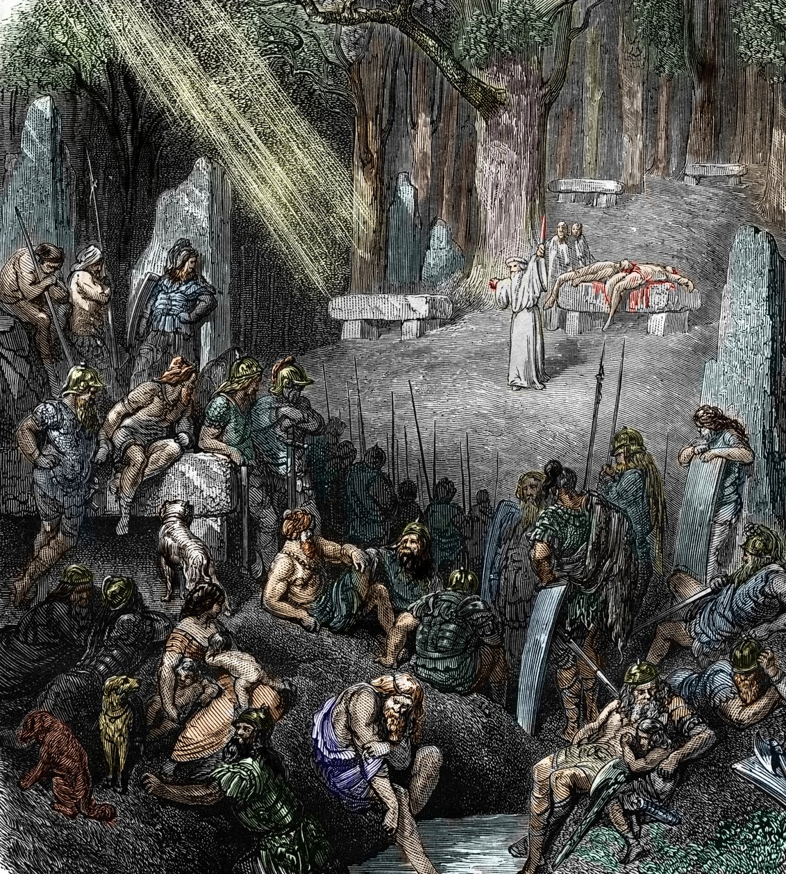 Antichità celtica: sacrificio umano durante una cerimonia presieduta da un druido alla presenza di famiglie e guerrieri in una foresta da Leopold Blonder