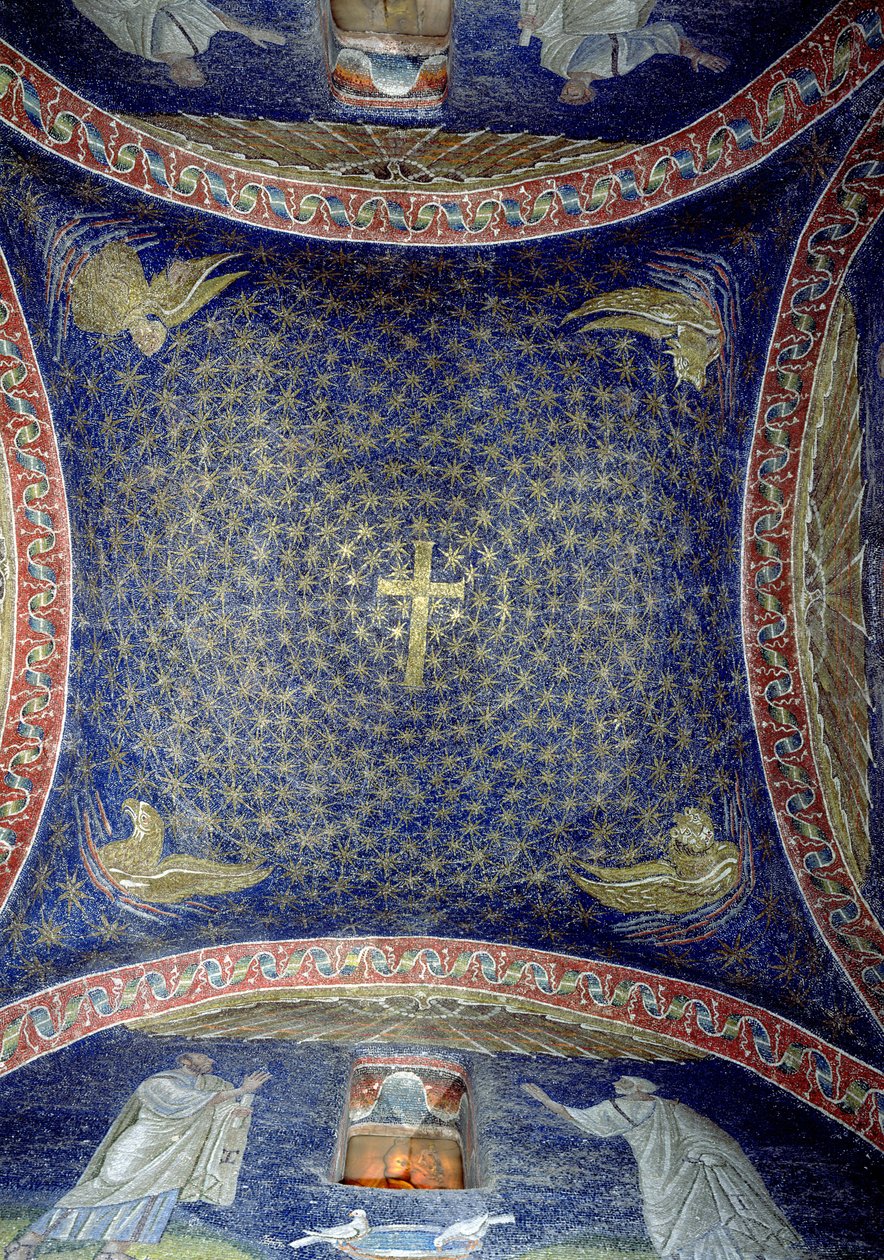 Volta centrale che raffigura una croce dorata in un cielo stellato con gli attributi degli apostoli, V secolo (mosaico) da Unbekannt