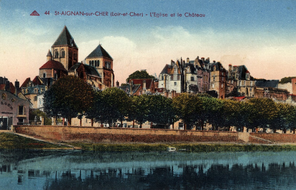 Centro, Loir et Cher (41), Saint Aignan sur Cher (Saint-Aignan-sur-Cher): vista della città con la chiesa e il castello - Cartolina fine XIX-XX secolo da Unbekannt