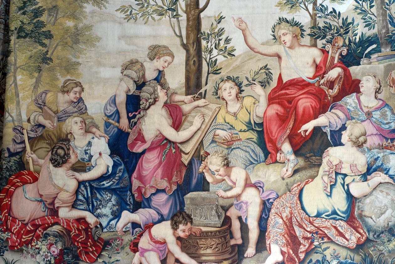Chateau de Fontainebleau: (dettaglio), drappeggio tessuto per Luigi XIV alla fabbrica dei Gobelins dal 1687 dopo i grandi dipinti di Pierre Mignard al Chateau de Saint Cloud per Monsieur Philippe Duc d