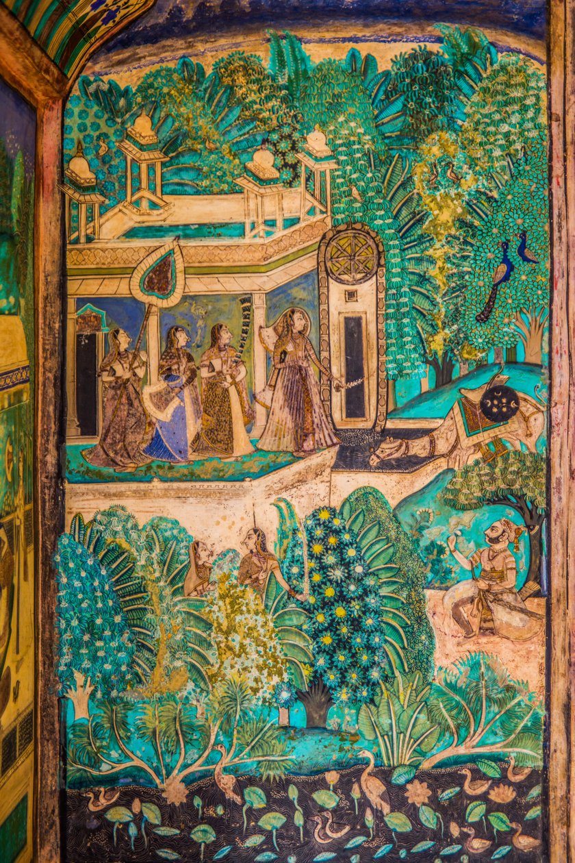 Cortile Chittra Shala con dipinti virtuosi, Forte Taragarh, Bundi, Rajasthan, India, Asia da Unbekannter Künstler