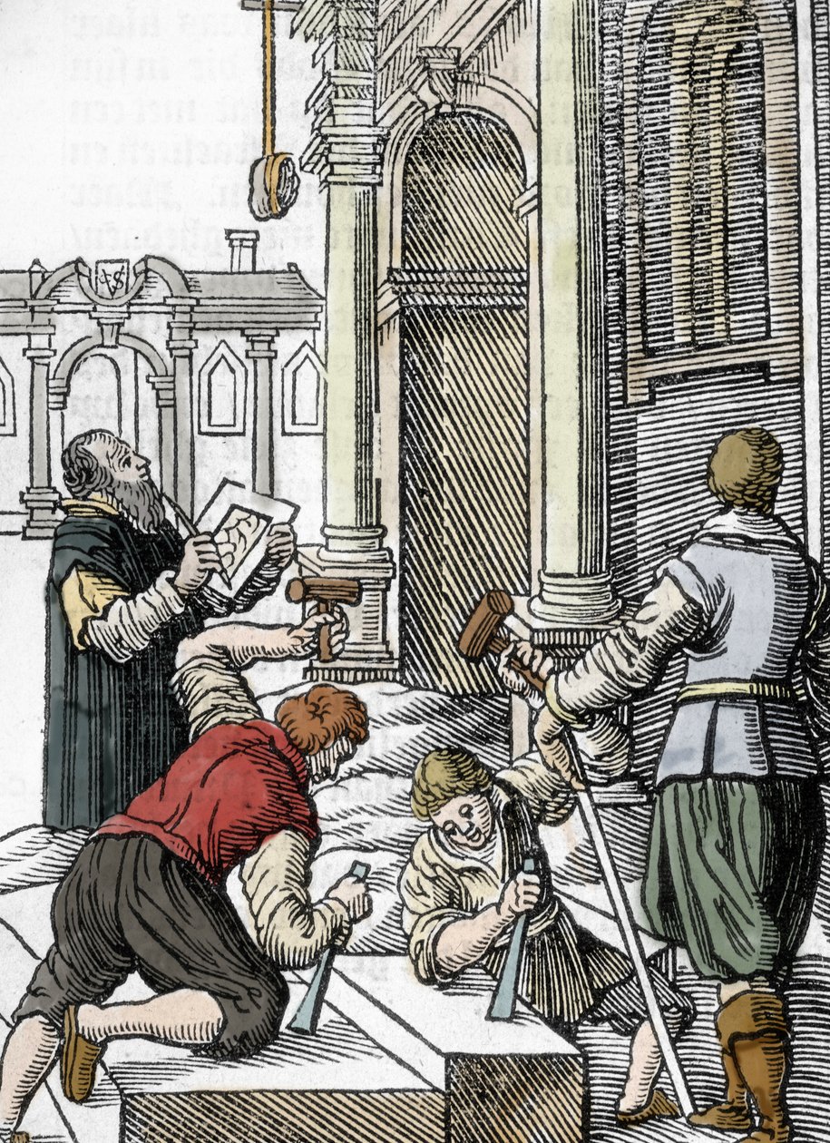 Costruzione di una cattedrale, scalpellini nel XIII-XIV secolo da Unbekannter Künstler