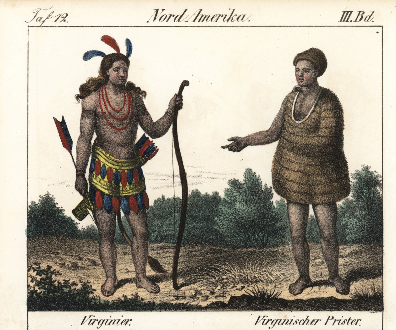 Costume degli indiani Powhatan della Virginia (USA): un guerriero e un sacerdote di Secota. Litografia per il libro: “Galerie complete en tableaux fideles des peuples d