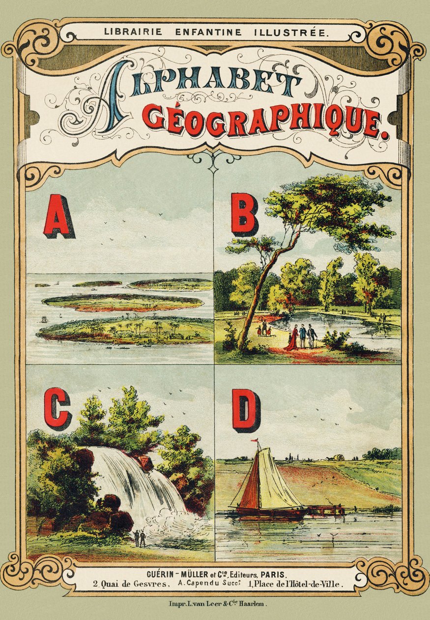 Copertina : A : arcipelago, B : Bois de Boulogne, C : cascata, D : diga - Gravura tratta da Alfabeto geografico. Guerin-Muller et Cie, editori, Parigi da Unbekannt