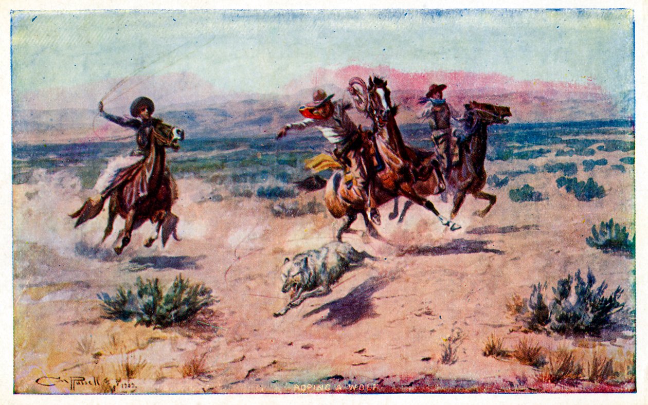 Cowboy a cavallo che legano un lupo da Unbekannter Künstler