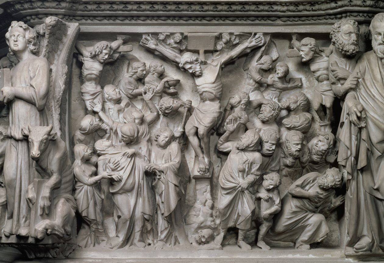 Scena della crocifissione: dettaglio del rilievo dalla parte superiore del pulpito esagonale progettato da Giovanni Pisano (1245-1329), c.1297 (marmo) (dettaglio) da Unbekannter Künstler