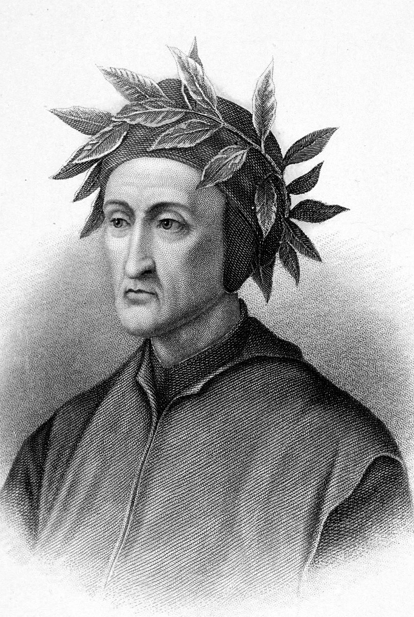 Dante Alighieri (1265-1321) scrittore italiano (Divina Commedia), qui incoronato con alloro, incisione da Unbekannter Künstler