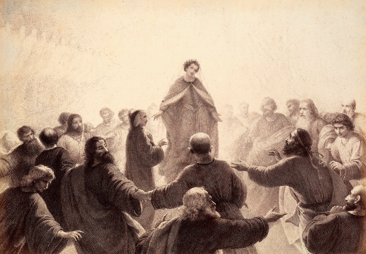 Dante e Beatrice sono circondati dagli spiriti dei Saggi che cantano e danzano intorno a loro. Illustrazione del Canto XIV del Paradiso della Divina Commedia di Dante Alighieri. Opera di Francesco Scaramuzza dedicata al Comune di Firenze da Unbekannter Künstler
