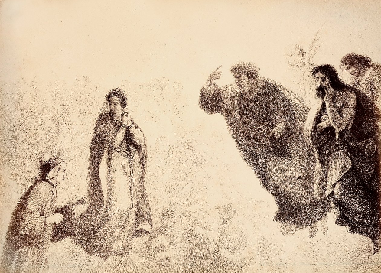 Dante e Beatrice davanti agli spiriti luminosi degli apostoli Pietro, Giacomo e Giovanni. Pietro ha il braccio alzato in segno di ira. Illustrazione del Canto XXVII del Paradiso della Divina Commedia di Dante Alighieri. Opera di Francesco Scaramuzza da Unbekannter Künstler