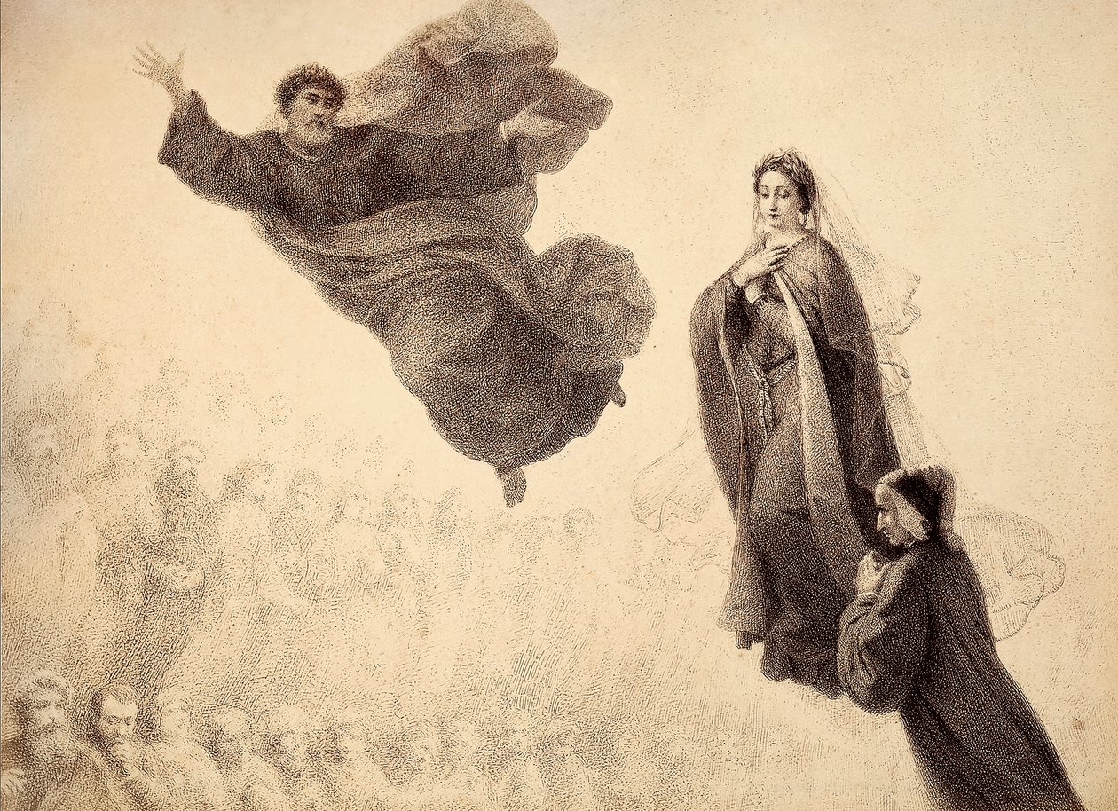 Dante e Beatrice incontrano San Pietro. Illustrazione del Canto XXIV del Paradiso della Divina Commedia di Dante Alighieri. Opera di Francesco Scaramuzza dedicata al Comune di Firenze. da Unbekannter Künstler