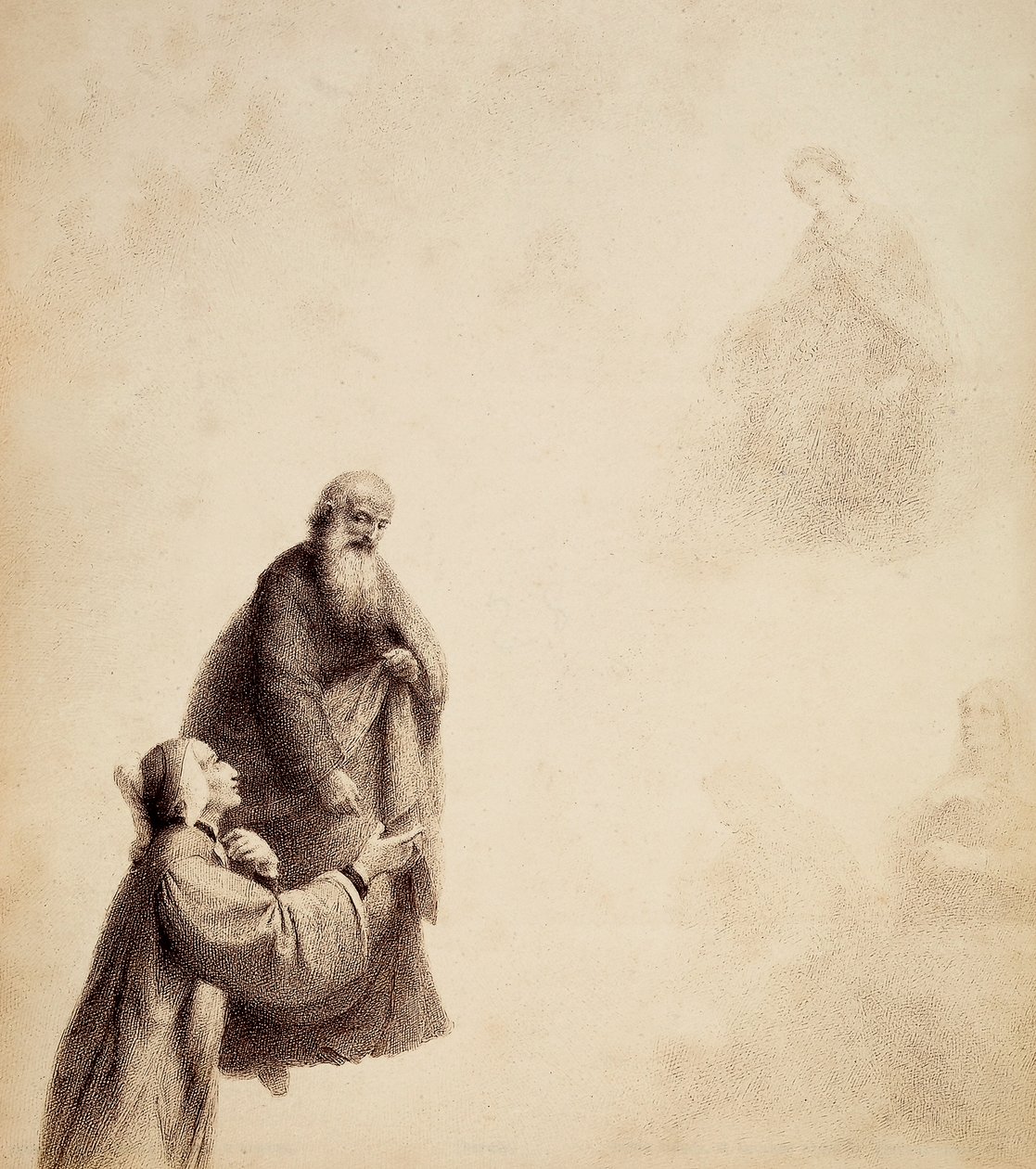 Dante, assistito da San Bernardo, vede Beatrice seduta su un trono tra i beati, in un alone di luce. Illustrazione del Canto XXXI del Paradiso della Divina Commedia di Dante Alighieri. Opera di Francesco Scaramuzza dedicata al Comune di Firenze. da Unbekannter Künstler