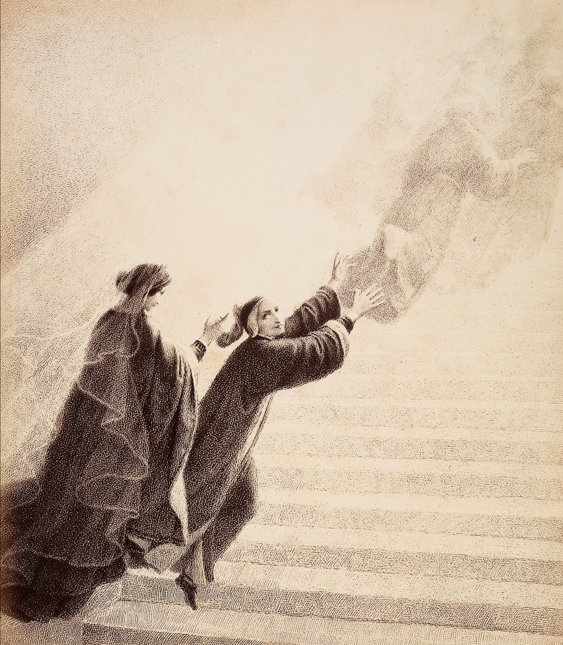 Dante, spinto da un semplice segno di Beatrice, sale la scala dorata dopo gli spiriti beati. Illustrazione del Canto XVII del Paradiso della Divina Commedia di Dante Alighieri. Opera di Francesco Scaramuzza dedicata al Comune di Firenze. da Unbekannter Künstler