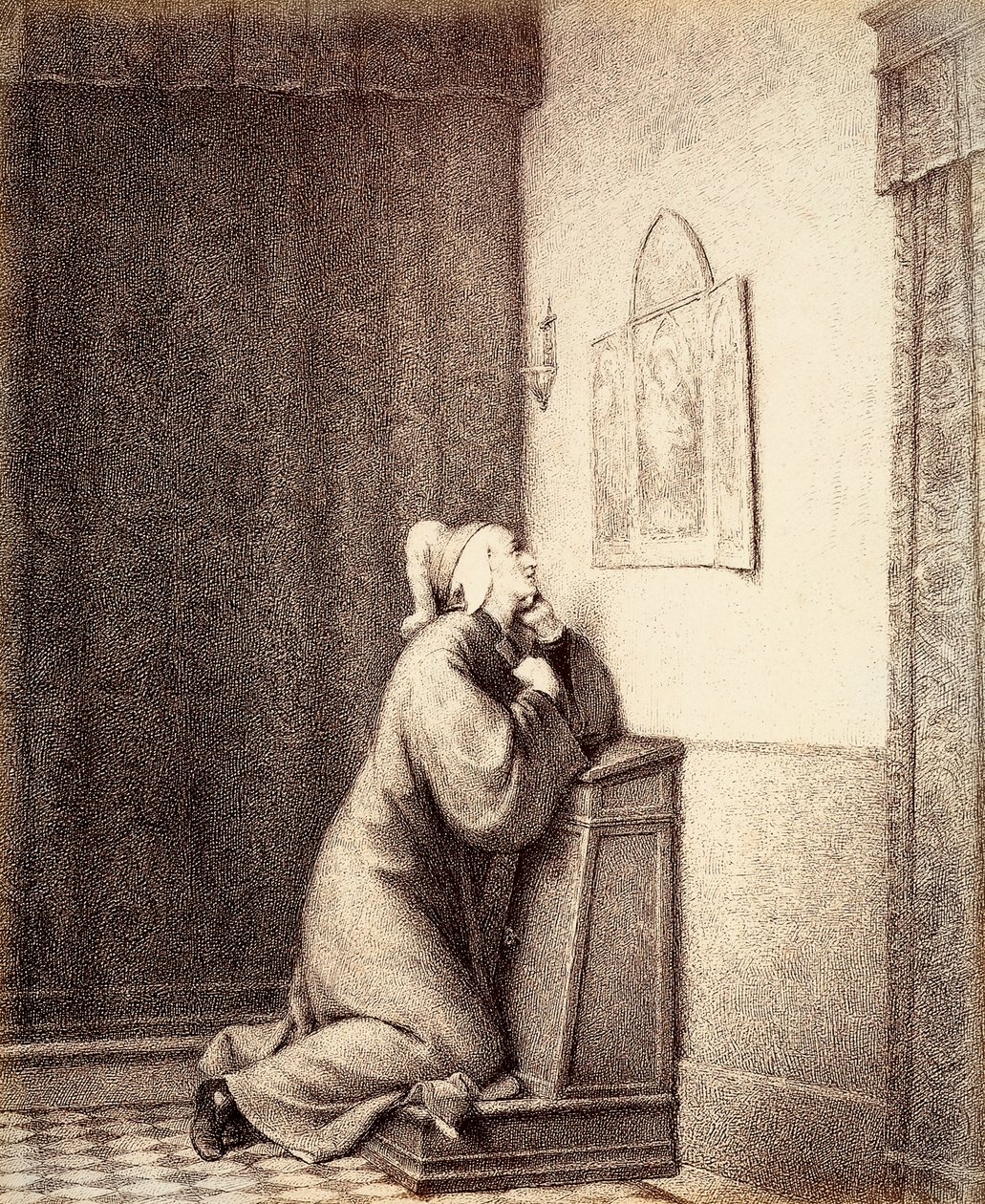 Dante in ginocchio in preghiera, con lo sguardo rivolto a un trittico. da Unbekannter Künstler