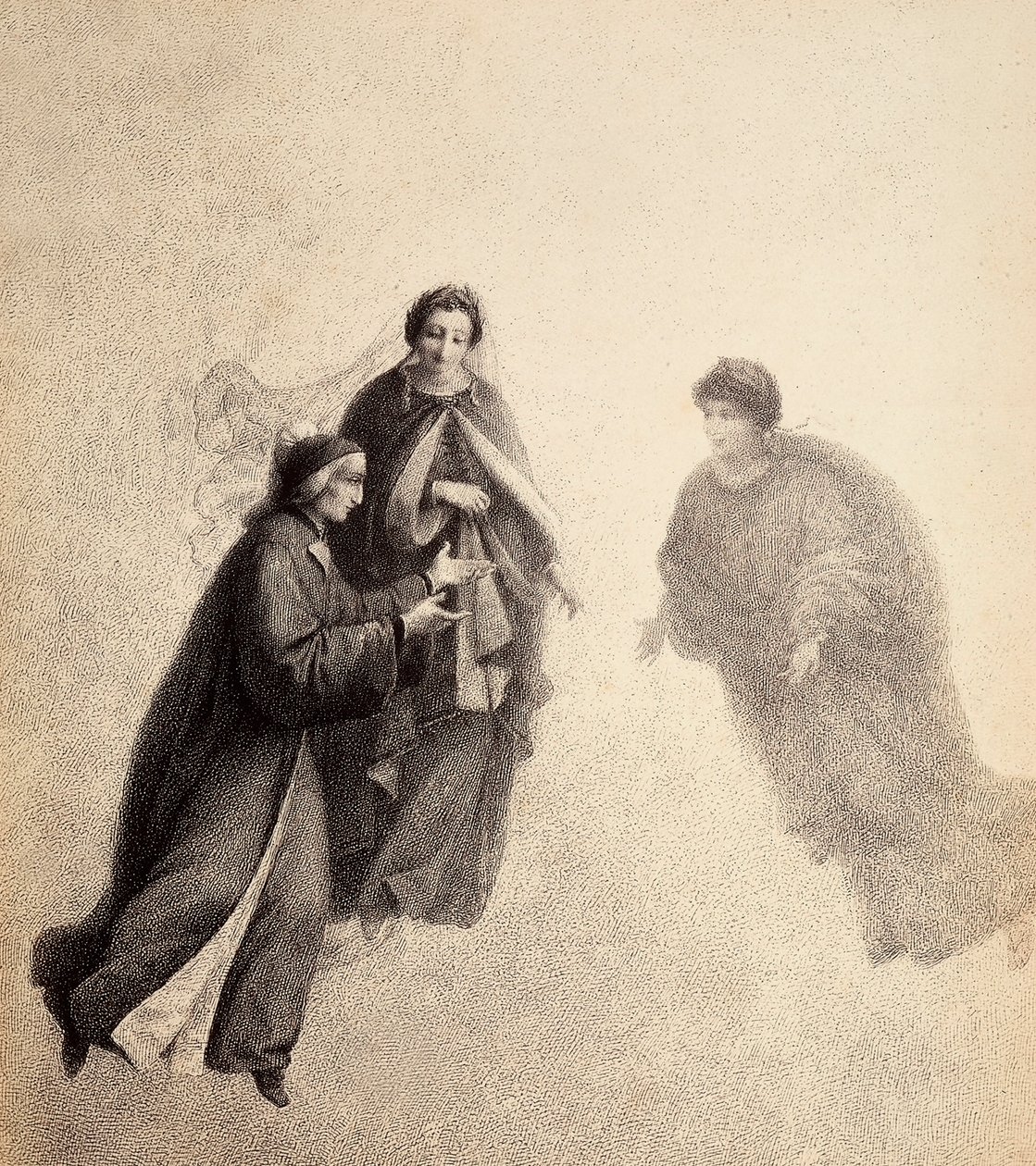 Dante, sollecitato da Beatrice, parla con uno spirito pio. Illustrazione del Canto V del Paradiso della Divina Commedia di Dante Alighieri. Opera di Francesco Scaramuzza dedicata al Comune di Firenze. da Unbekannter Künstler