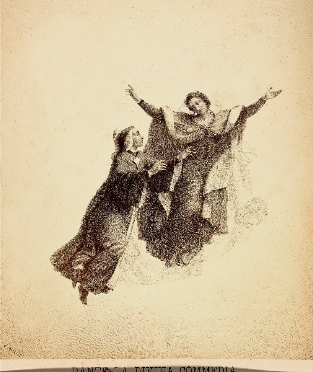 Dante, con le braccia aperte, guidato in volo da Beatrice attraverso il firmamento del Paradiso. Illustrazione del Canto I del Paradiso della Divina Commedia di Dante Alighieri. Opera di Francesco Scaramuzza dedicata al Comune di Firenze da Unbekannter Künstler