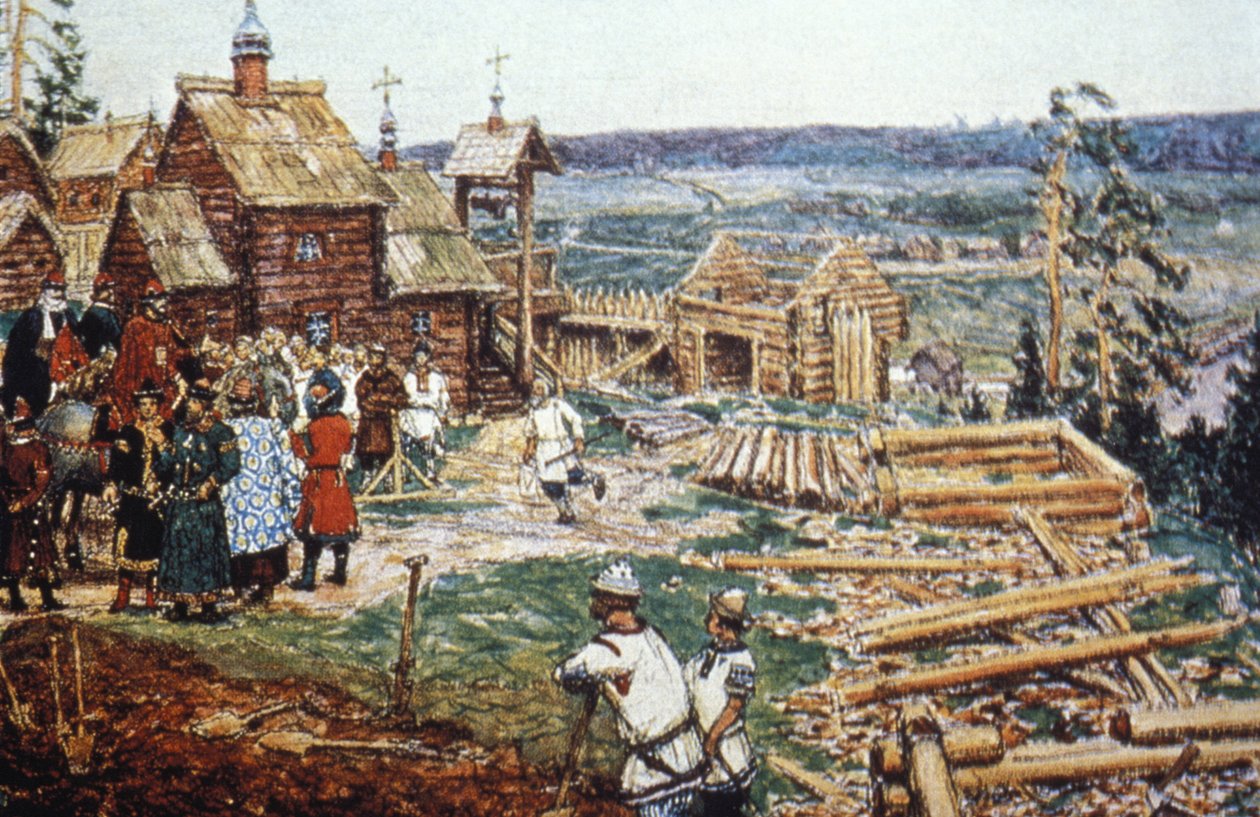 Raffigurazione della costruzione del Cremlino di Mosca con tronchi sotto il regno di Yuri Dolgoruky nel XII secolo da Unbekannter Künstler