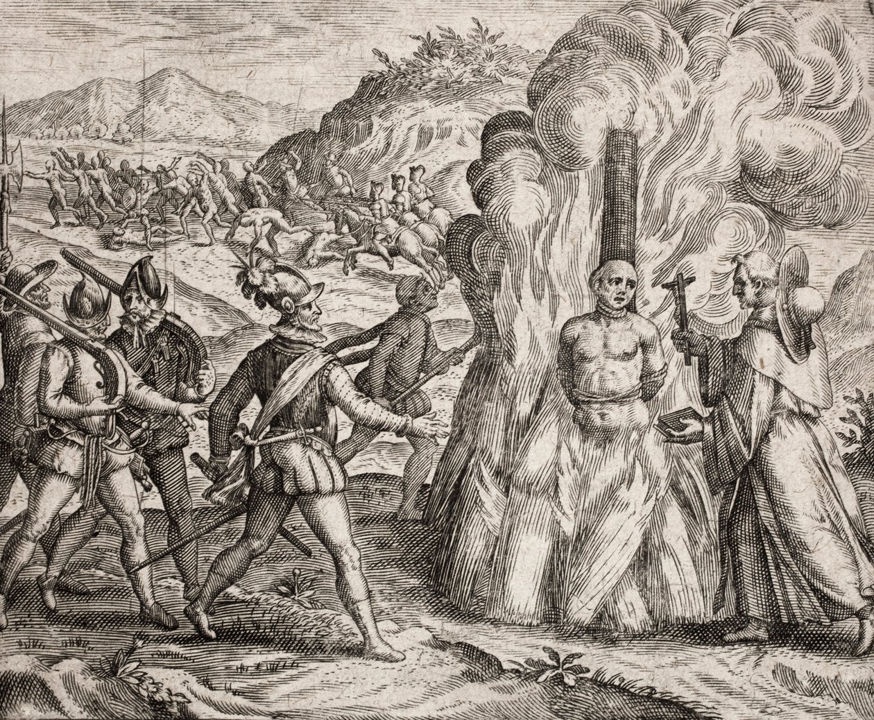 Descrizione dei crimini inflitti agli indiani dai coloni spagnoli - Conquistadores che bruciano sul rogo un indiano che si rifiutava di convertirsi alla fede cattolica. Religiosi dell