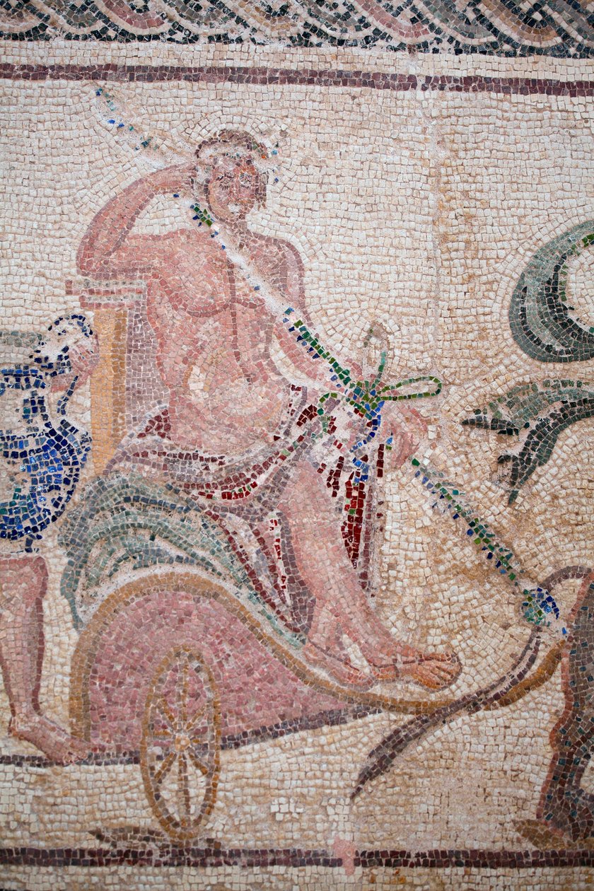 (dettaglio) Il trionfo di Dioniso - Ritorno del dio da una spedizione militare in India - Dioniso seduto su un carro trainato da due pantere - Mosaici di Paphos, Casa di Dioniso, Fine del II secolo d.C. - Cipro da William M. Timlin