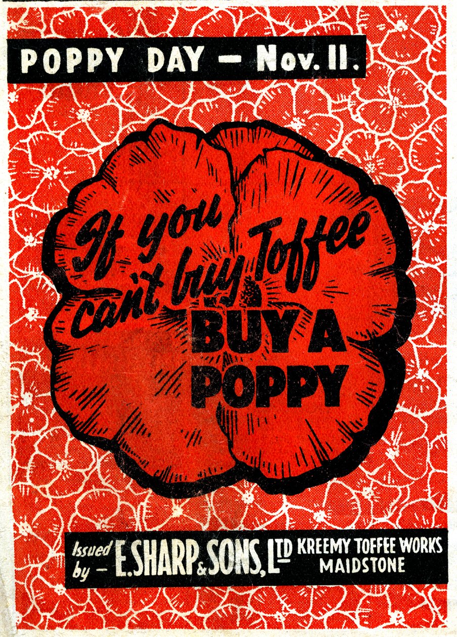Pubblicità del toffee di E.Sharp e figlio con papavero della memoria, c.1942 da Unbekannt