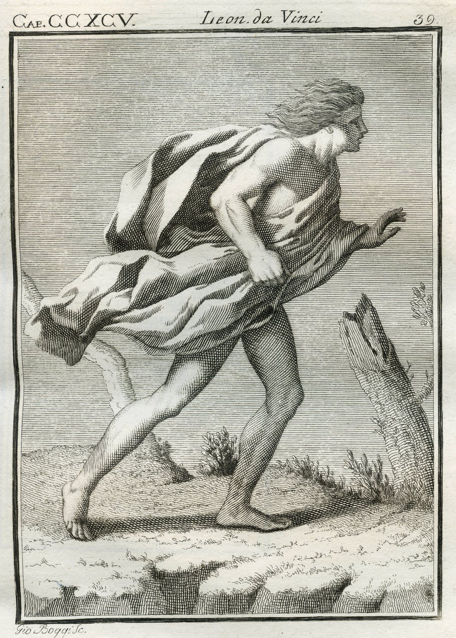 Studio di un uomo che cammina contro il vento, con le vesti e i capelli scompigliati dalle folate e il corpo sbilanciato in avanti. Incisione da 