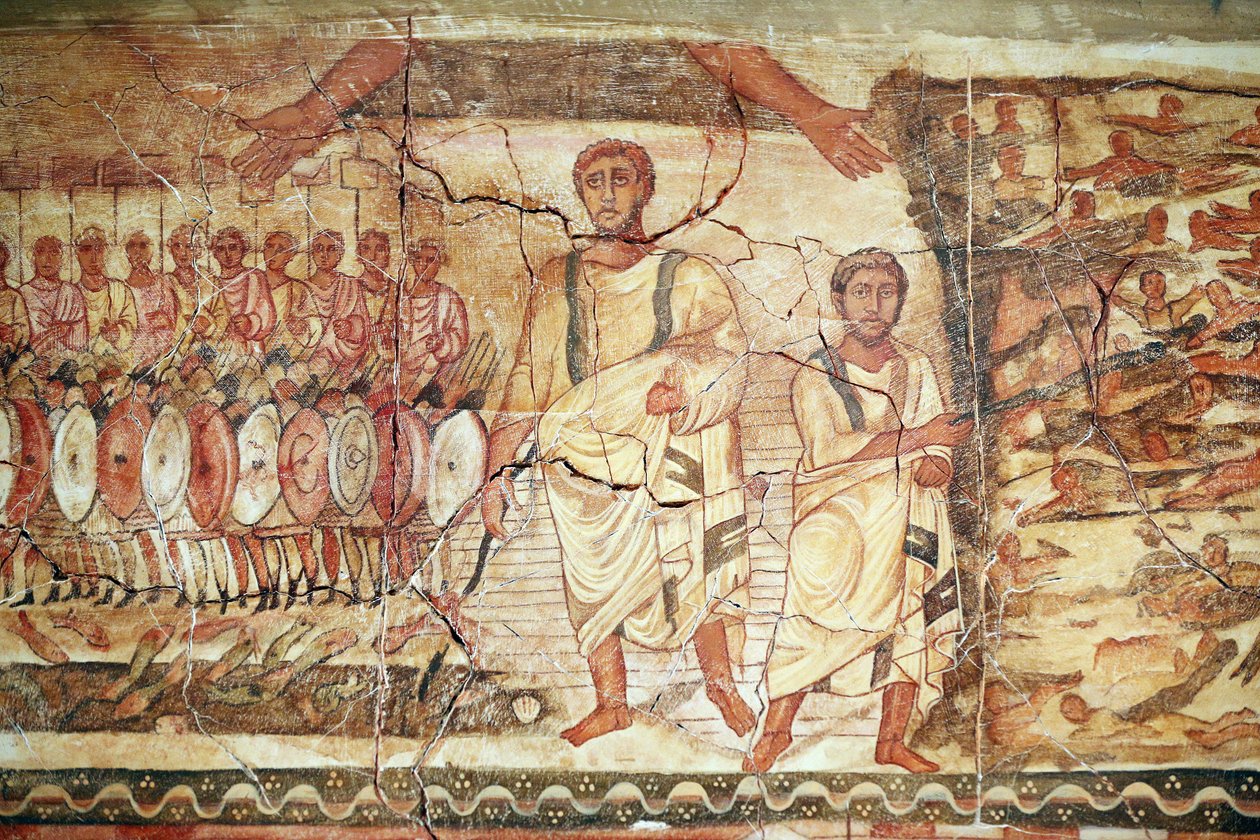 Esodo e attraversamento del Mar Rosso, affresco proveniente dalla Sinagoga di Doura Europos, 244-245, conservato al Museo Nazionale di Damasco. Foto scattata al Museo Ebraico di New York durante una mostra. da Unbekannt