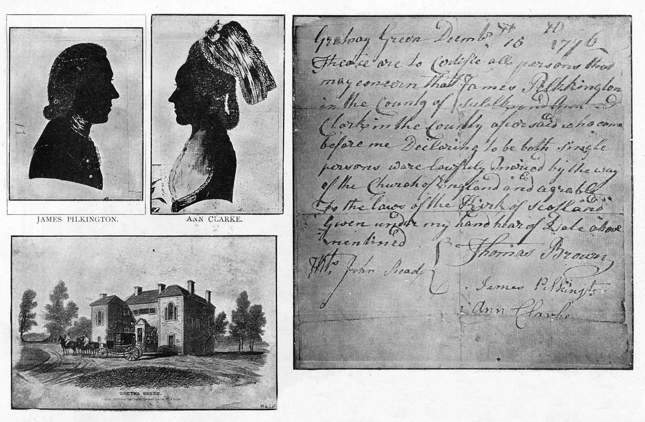 Facsimile di un certificato di matrimonio di Gretna Green con ritratti della coppia, James Pilkington e Ann Clarke, sposati il 16 dicembre da Unbekannt