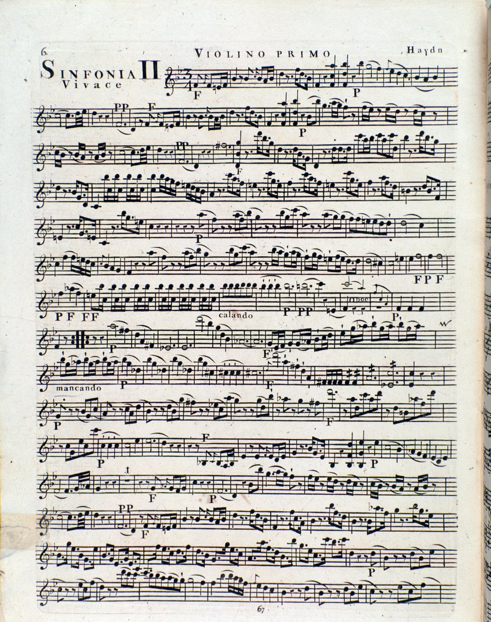 Prima pagina dello spartito musicale per violino nella Sinfonia n. 2 di J Haydn da Unbekannter Künstler