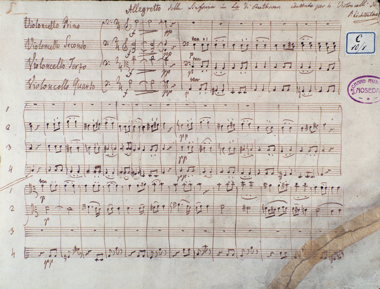 Prima pagina dello spartito per quattro violoncelli della Sinfonia n. 7 in La maggiore, op. 92, di Ludwig van Beethoven da Unbekannter Künstler