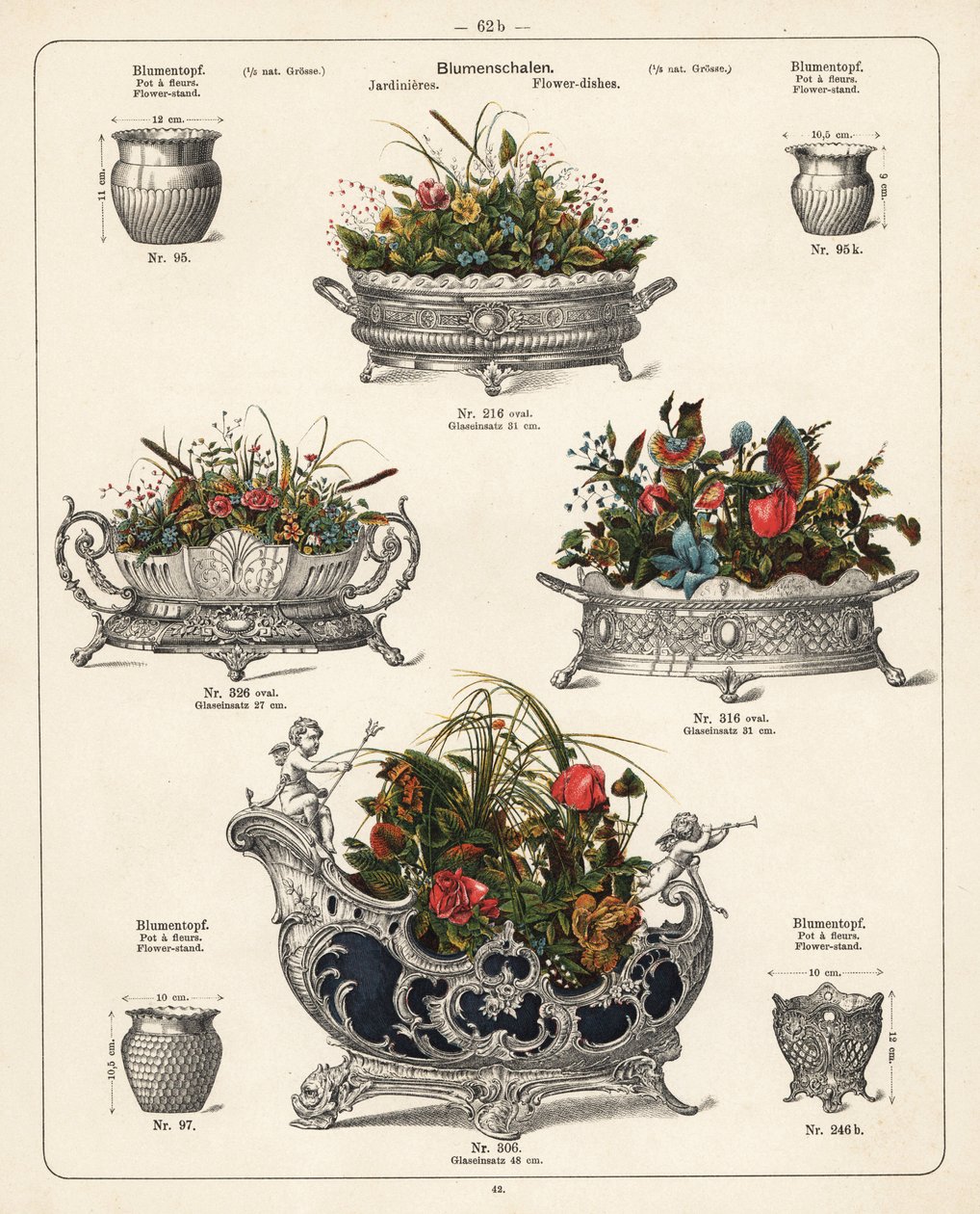 Portafiori, piatti per fiori, vasi e fioriere. Litografia da un catalogo di prodotti metallici fabbricati dalla Wuerttemberg Metalware Factory, Geislingen, Germania da Unbekannter Künstler